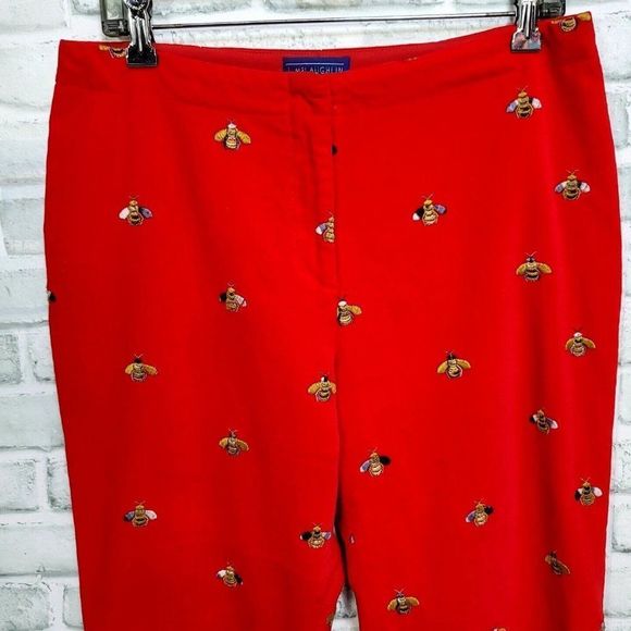 J McLaughlin Womens 12 Embroidered Bees Red Velour Straight Leg Pants Mid Rise - Picture 2 of 6